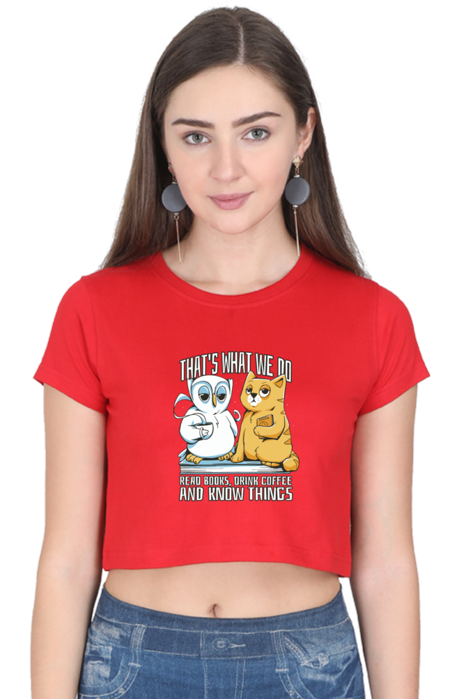Cat Owl Coffee Books Crop Top
