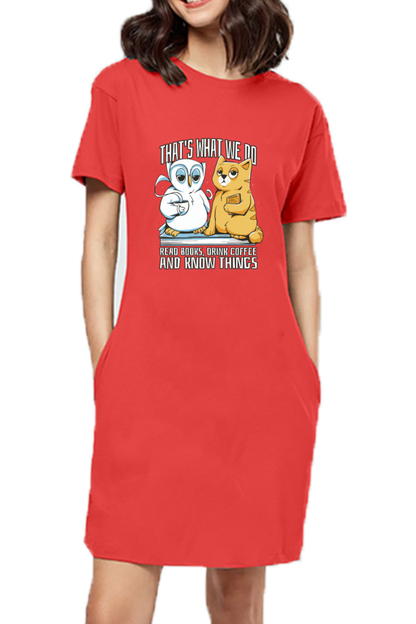 Cat Owl Coffee Books T-Shirt Dress