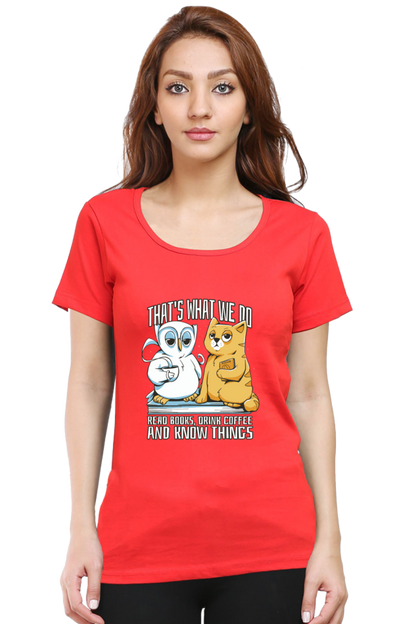 Cat Owl Coffee Books T-Shirt