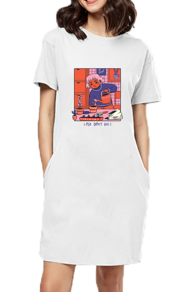 Girl Watering Plant T-Shirt Dress