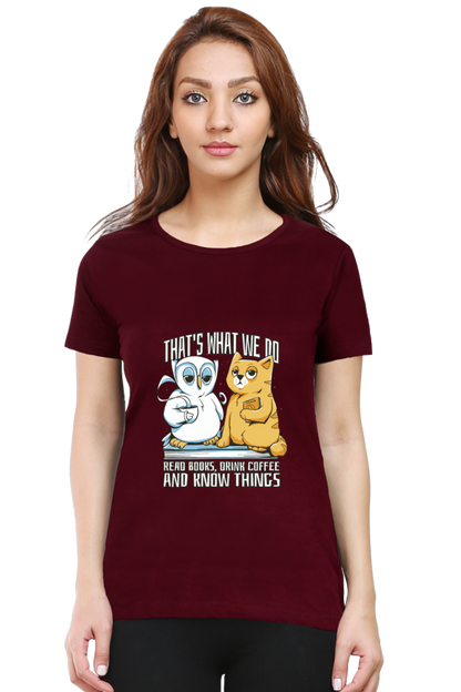 Cat Owl Coffee Books T-Shirt