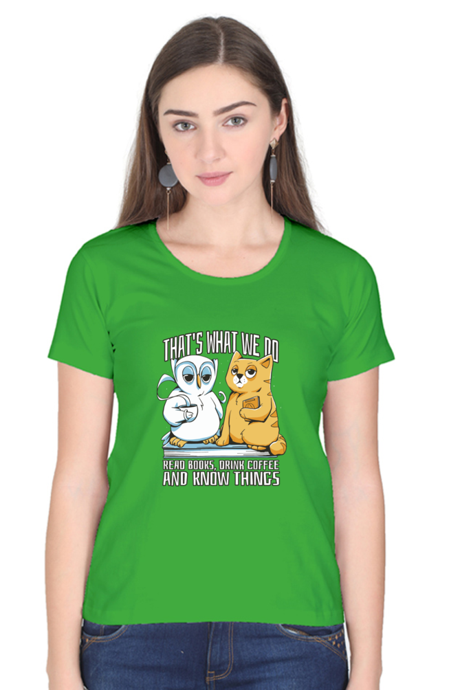 Cat Owl Coffee Books T-Shirt