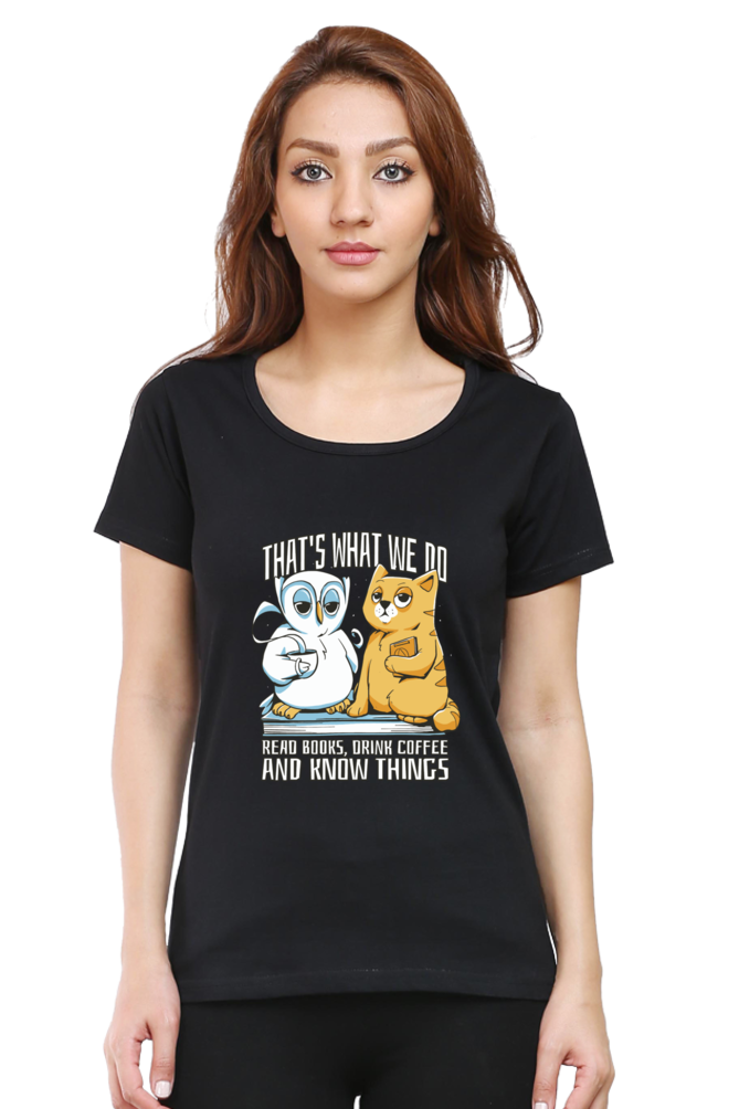 Cat Owl Coffee Books T-Shirt
