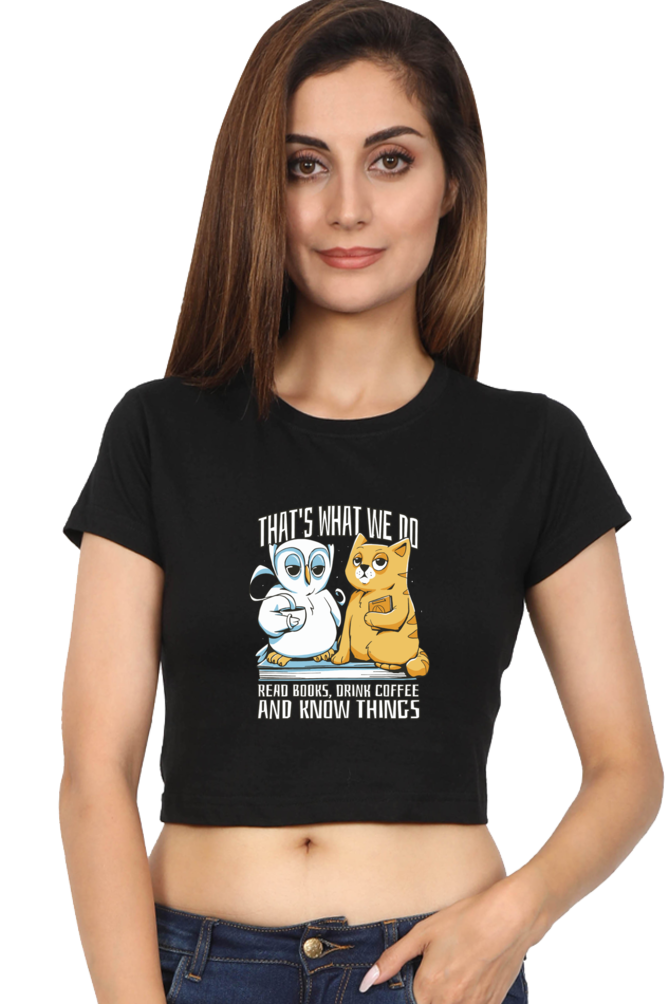 Cat Owl Coffee Books Crop Top