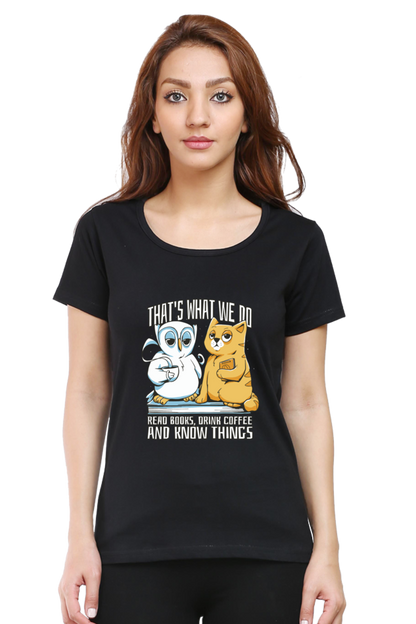 Cat Owl Coffee Books T-Shirt