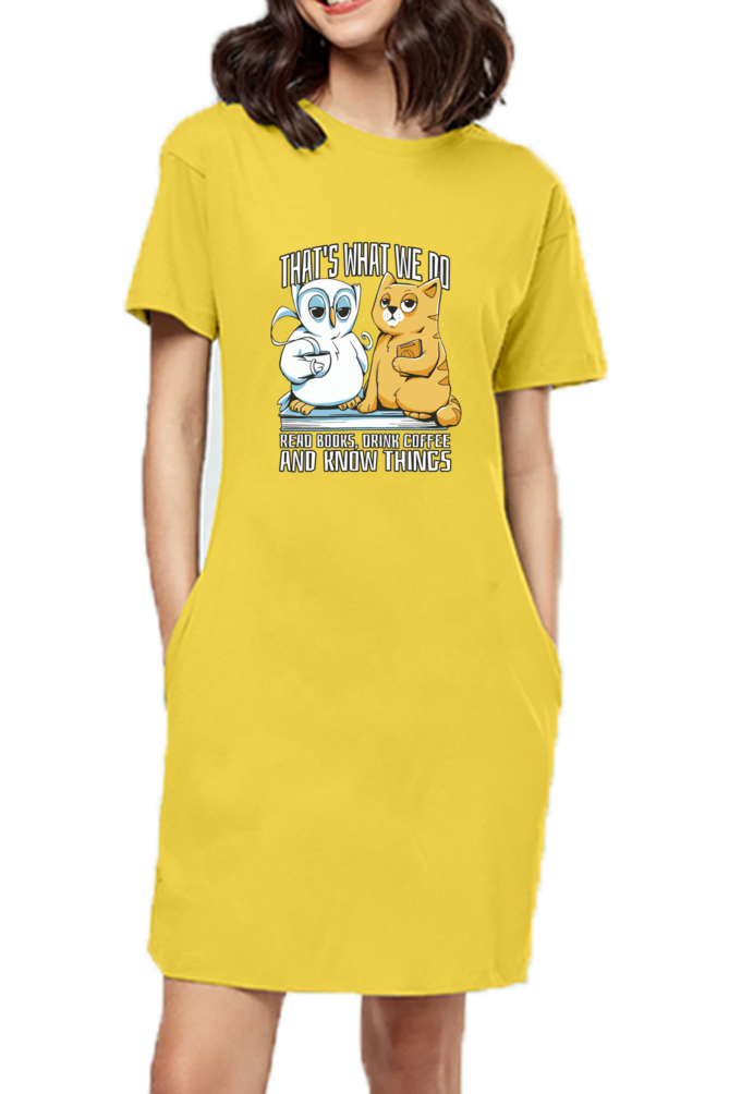 Cat Owl Coffee Books T-Shirt Dress