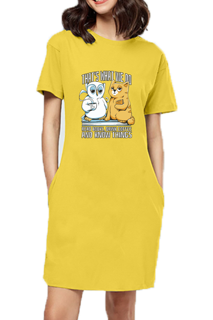 Cat Owl Coffee Books T-Shirt Dress
