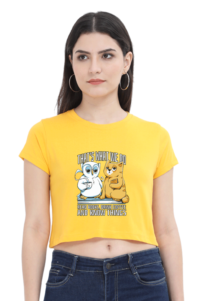 Cat Owl Coffee Books Crop Top