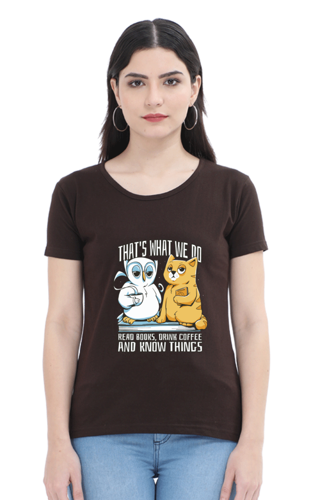 Cat Owl Coffee Books T-Shirt