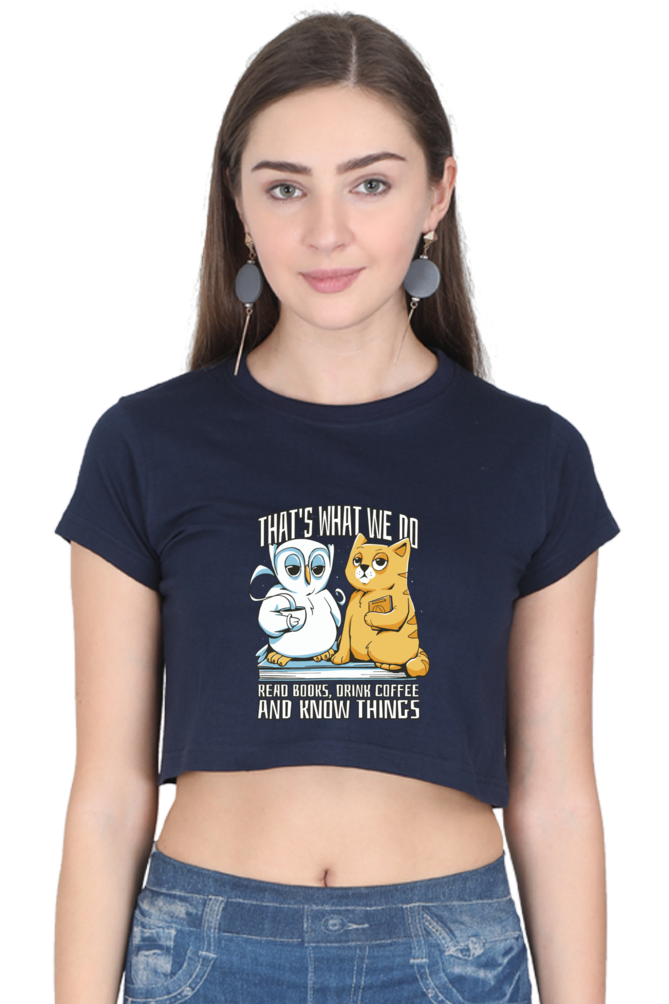 Cat Owl Coffee Books Crop Top