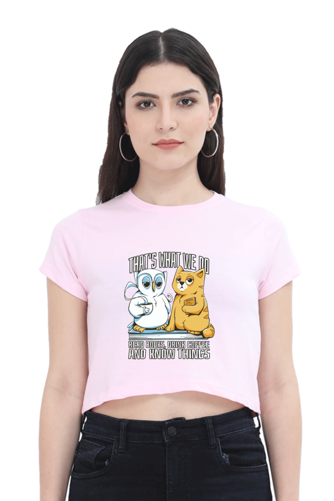 Cat Owl Coffee Books Crop Top