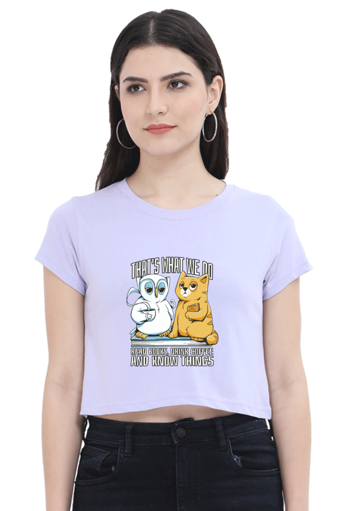 Cat Owl Coffee Books Crop Top