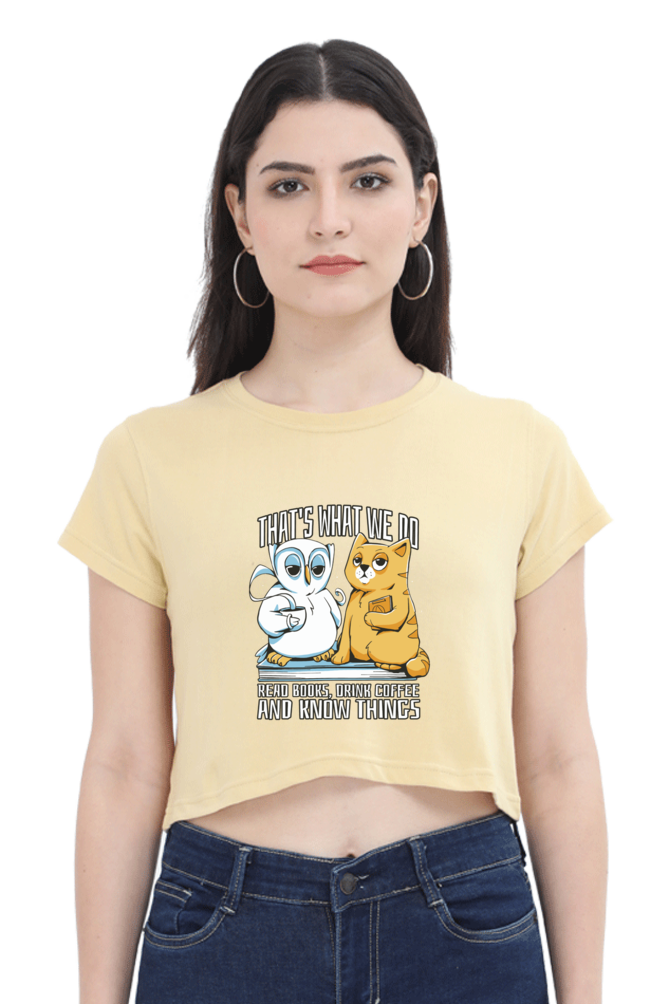 Cat Owl Coffee Books Crop Top