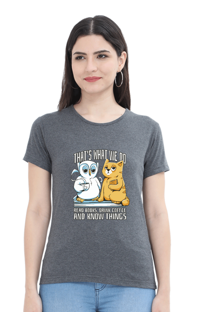 Cat Owl Coffee Books T-Shirt