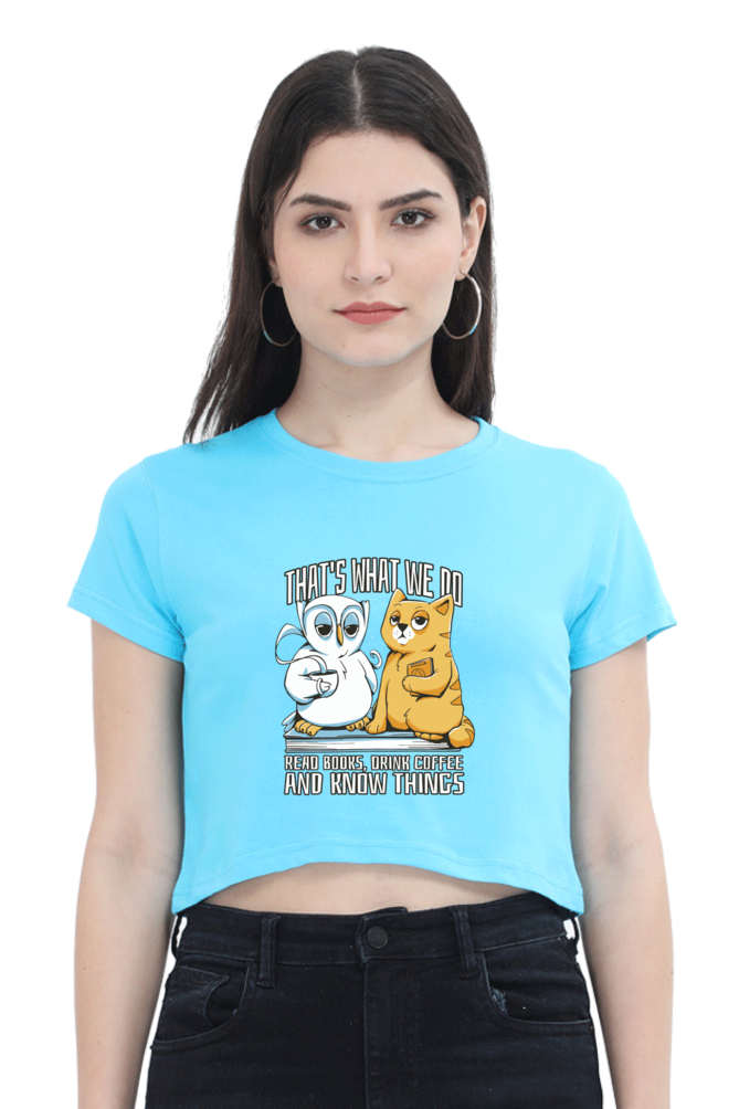 Cat Owl Coffee Books Crop Top